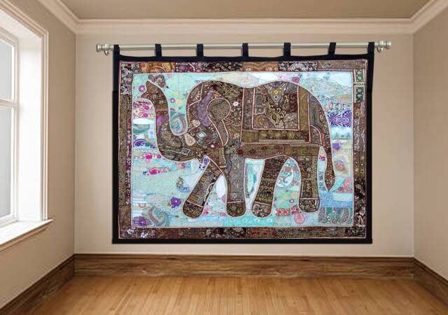 Elephant Tapestry Vintage Patchwork Beaded Wall Hanging - 80x100 Inches - image 1