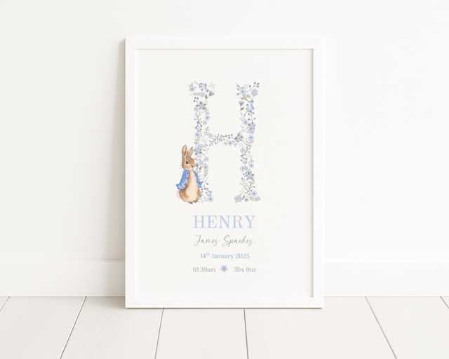 Personalised Peter Rabbit Baby Birth Details Print - New Boy Girl Gift Newborn Keepsake Pink Blue Stats Christening - image 1