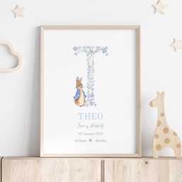 Personalised Peter Rabbit Baby Birth Details Print - New Boy Girl Gift Newborn Keepsake Pink Blue Stats Christening - thumbnail 2