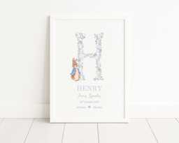 Personalised Peter Rabbit Baby Birth Details Print - New Boy Girl Gift Newborn Keepsake Pink Blue Stats Christening - thumbnail 1
