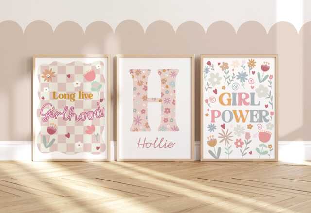 Set Of 3 Personalised Pastel Prints, Flower Retro Checkered Long Live Girlhood, Wildflower Girl Bedroom Decor, Teen Art Prints - image 1