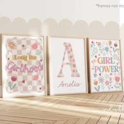 Set Of 3 Personalised Pastel Prints, Flower Retro Checkered Long Live Girlhood, Wildflower Girl Bedroom Decor, Teen Art Prints - thumbnail 2