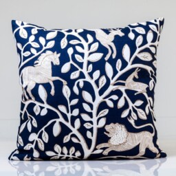 Robert Allen Animal Print Pillow Cover, Blue White Cotton Linen - thumbnail 1