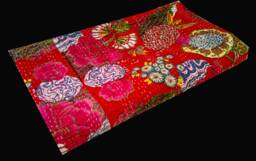 Red Flower Superior Indian Kantha Quilt, Patchwork, Bed Spread, Coverlet, Floral Throw, Handmade Cotton Bed-Cover, Twin/ Queen/King Sizes Quilts - thumbnail 1