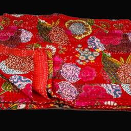 Red Flower Superior Indian Kantha Quilt, Patchwork, Bed Spread, Coverlet, Floral Throw, Handmade Cotton Bed-Cover, Twin/ Queen/King Sizes Quilts - thumbnail 3
