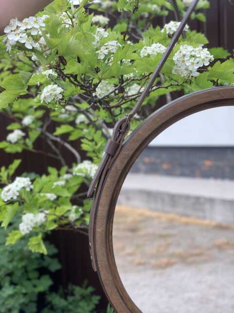 Luxury Brown Round Mirror With Leather Strap - Decorative Wood Hanging For Bathroom, Living Room, Farmhouse & Modern Home Decor - image 1