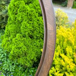 Luxury Brown Round Mirror With Leather Strap - Decorative Wood Hanging For Bathroom, Living Room, Farmhouse & Modern Home Decor - thumbnail 3