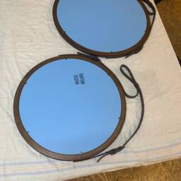 Luxury Brown Round Mirror With Leather Strap - Decorative Wood Hanging For Bathroom, Living Room, Farmhouse & Modern Home Decor - thumbnail 4
