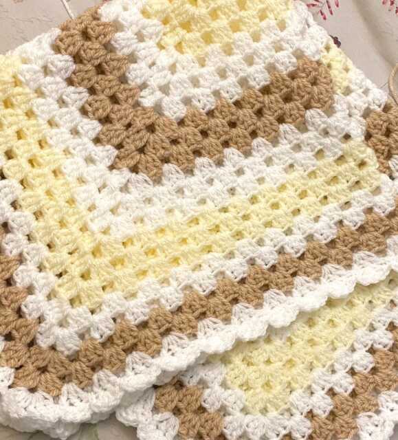 Crocheted Granny Square Baby Blanket Oatmeal , Lemon, White Acrylic Throw - image 1