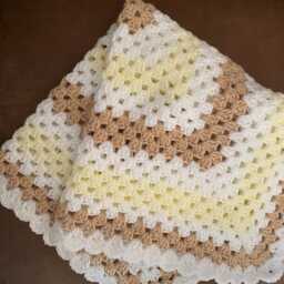 Crocheted Granny Square Baby Blanket Oatmeal , Lemon, White Acrylic Throw - thumbnail 3