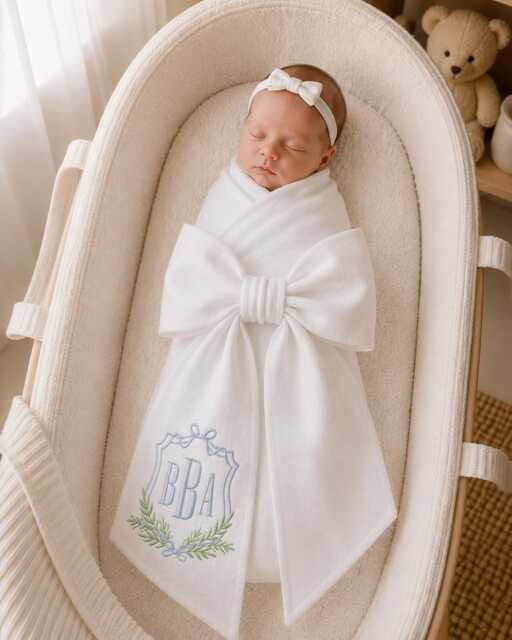 Custom Embroidered Newborn Bow Sash, Monogram Frame Baby Swaddle, Sash For Picture, Shower Gift, Keepsake - image 1
