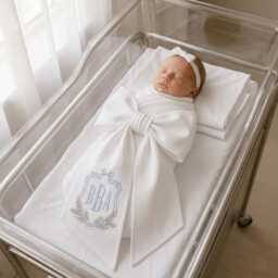 Custom Embroidered Newborn Bow Sash, Monogram Frame Baby Swaddle, Sash For Picture, Shower Gift, Keepsake - thumbnail 2