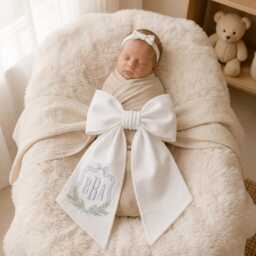 Custom Embroidered Newborn Bow Sash, Monogram Frame Baby Swaddle, Sash For Picture, Shower Gift, Keepsake - thumbnail 3