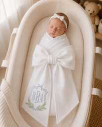 Custom Embroidered Newborn Bow Sash, Monogram Frame Baby Swaddle, Sash For Picture, Shower Gift, Keepsake - thumbnail 1