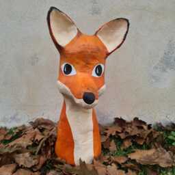 Paper-Mache Fox Head Totem, Big Franklin. Large Paper Sculpture, Original Home Decor - thumbnail 2