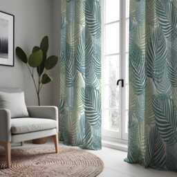 Green Tropical Palm Leaf Curtains, Modern Botanical Print Drapes, Teal & Sage Jungle Style Window Panels - thumbnail 2
