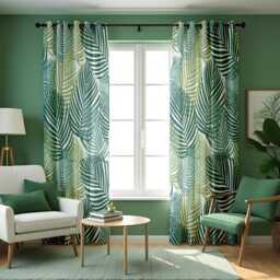 Green Tropical Palm Leaf Curtains, Modern Botanical Print Drapes, Teal & Sage Jungle Style Window Panels - thumbnail 4