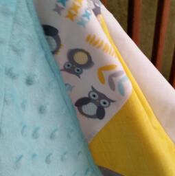 Baby Blanket, Gender Neutral, Handmade Modern Baby Quilt, Nursery, Shower Gift, Yellow Gray White, Owls, Chevron, Minky - thumbnail 1