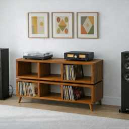 Mid Century Modern Solid Wood Media Console - Vinyl Record Storage Cabinet, Turntable Stand - thumbnail 3