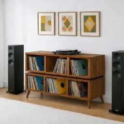 Mid Century Modern Solid Wood Media Console - Vinyl Record Storage Cabinet, Turntable Stand - thumbnail 2
