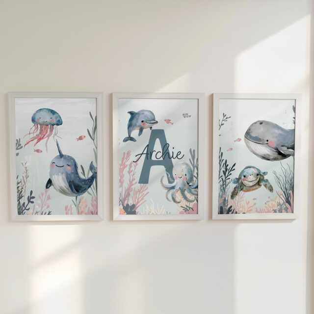 Sea Life Personalised Nursery Wall Prints, Set Of 3 Custom Name Ocean Bedroom Decor, Blue Nautical Under The Pictures, Playroom Posters - image 1