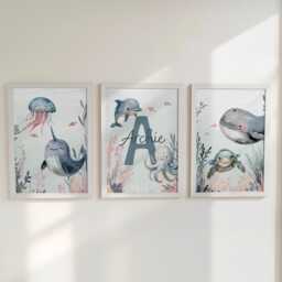 Sea Life Personalised Nursery Wall Prints, Set Of 3 Custom Name Ocean Bedroom Decor, Blue Nautical Under The Pictures, Playroom Posters - thumbnail 1