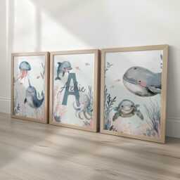 Sea Life Personalised Nursery Wall Prints, Set Of 3 Custom Name Ocean Bedroom Decor, Blue Nautical Under The Pictures, Playroom Posters - thumbnail 2