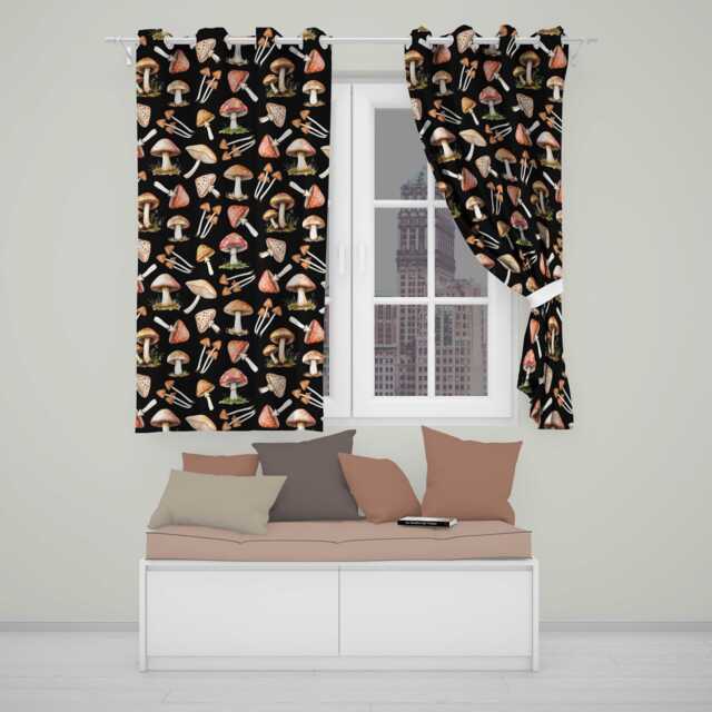 Watercolor Mushrooms Botanical Forest Elements On Black Seamless Pattern Readymade Eyelet Ring Top Thermal 100% Blackout Curtains - image 1