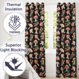 Watercolor Mushrooms Botanical Forest Elements On Black Seamless Pattern Readymade Eyelet Ring Top Thermal 100% Blackout Curtains - thumbnail 3