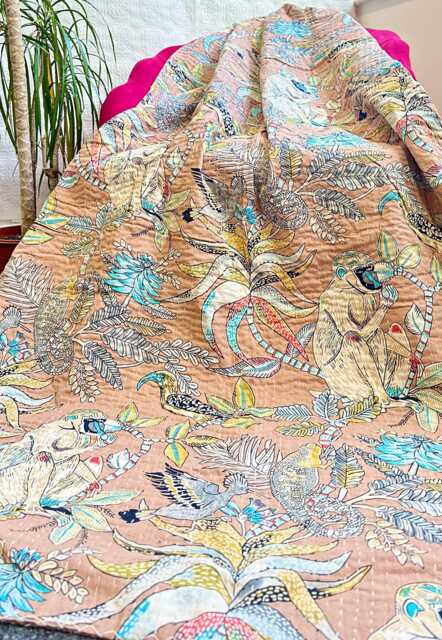 Kantha Stitch Pure Cotton Reversible Bed/Sofa Throw King Size Handmade Floral Dohar Quirky Pastel Neutral Tropical Exotic Forest Tribe - image 1