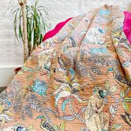 Kantha Stitch Pure Cotton Reversible Bed/Sofa Throw King Size Handmade Floral Dohar Quirky Pastel Neutral Tropical Exotic Forest Tribe - thumbnail 3