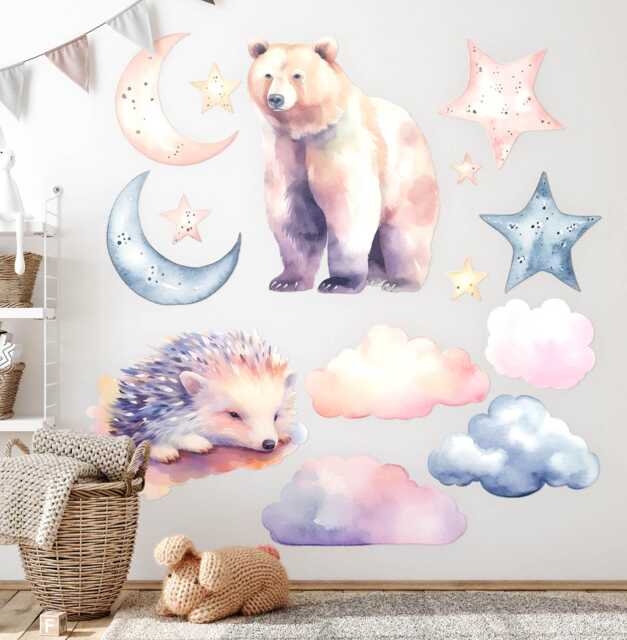Animals Sky At Night Wall Stickers For Children's Room, Pink Kids Room Decor, Decal Baby Self Adhesive - image 1