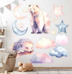 Animals Sky At Night Wall Stickers For Children's Room, Pink Kids Room Decor, Decal Baby Self Adhesive - thumbnail 1