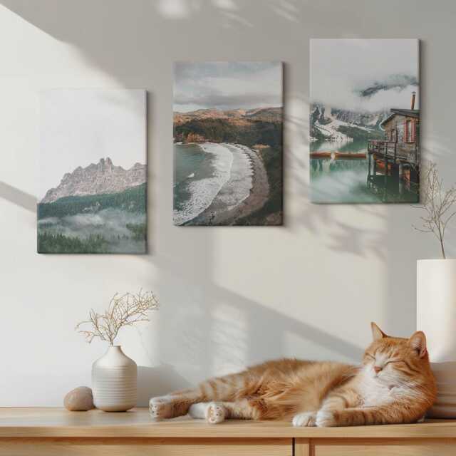 Canvas Art Set Of 3 - Mountain Landscapes With A Beach & Wooden House, Gray Wall Art, Hanging Piece - image 1