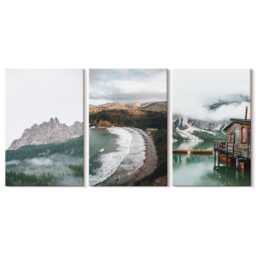 Canvas Art Set Of 3 - Mountain Landscapes With A Beach & Wooden House, Gray Wall Art, Hanging Piece - thumbnail 3