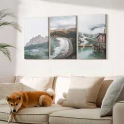 Canvas Art Set Of 3 - Mountain Landscapes With A Beach & Wooden House, Gray Wall Art, Hanging Piece - thumbnail 2