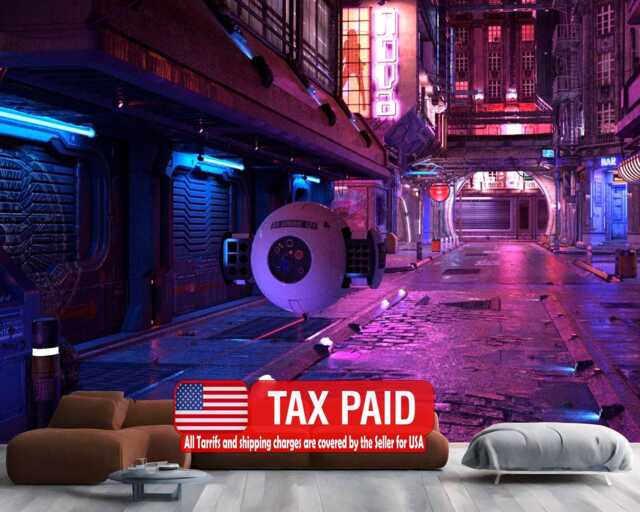 Cyberpunk City Wallpaper Mural, Neon Lights, Gaming Office Decor, Peel & Stick Wall Decal - image 1
