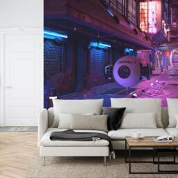 Cyberpunk City Wallpaper Mural, Neon Lights, Gaming Office Decor, Peel & Stick Wall Decal - thumbnail 2
