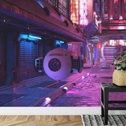 Cyberpunk City Wallpaper Mural, Neon Lights, Gaming Office Decor, Peel & Stick Wall Decal - thumbnail 3