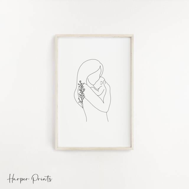 Mother & Baby Line Art Print Minimalist Newborn Gift - image 1