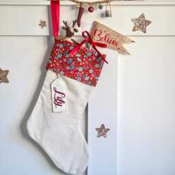 Personalised Christmas Stocking, Red Baubles Liberty Fabric, Traditional Family Heirloom, Luxury Stockings - thumbnail 2