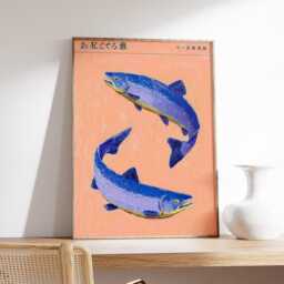 Japanese Fish Art Print, Surreal Ocean Poster, Minimalist Coastal Wall Art, Blue Salmon Illustration With Pink Sky & Beach Scene - thumbnail 2
