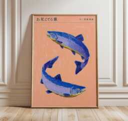Japanese Fish Art Print, Surreal Ocean Poster, Minimalist Coastal Wall Art, Blue Salmon Illustration With Pink Sky & Beach Scene - thumbnail 1