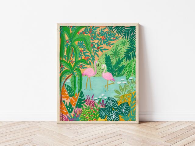 Flamingo Art Print, Pink Flamingo, Birds Bird For Lover, Jungle Maximalist Art, Plant Home Decor, Her - image 1