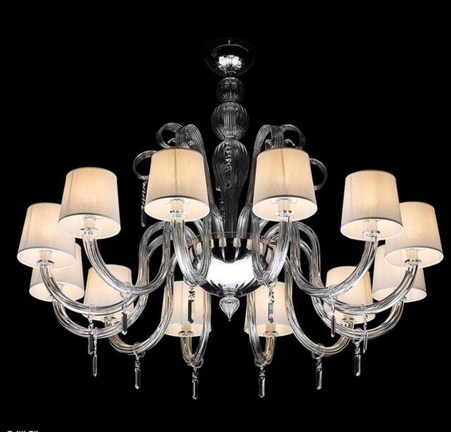 Murano Chandelier With 12 Lights & Swarovski Crystals, Glass Silk Lampshades, Venetian Light - image 1