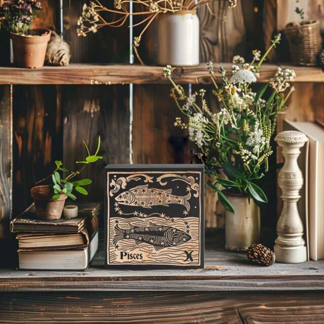 Pisces Zodiac Engraved Birch Wood Panel - Block Print Style Wall Art, Astrology Sign Illustration, Astrological Decor Gift - image 1