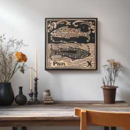 Pisces Zodiac Engraved Birch Wood Panel - Block Print Style Wall Art, Astrology Sign Illustration, Astrological Decor Gift - thumbnail 2