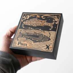 Pisces Zodiac Engraved Birch Wood Panel - Block Print Style Wall Art, Astrology Sign Illustration, Astrological Decor Gift - thumbnail 3