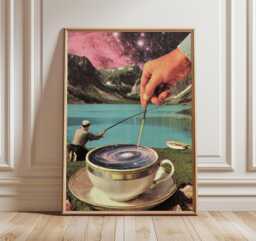 Surreal Coffee Universe Poster, Cosmic Collage Wall Art, Dreamy Galaxy Teacup Print, Retro Surrealist Home Decor - thumbnail 1