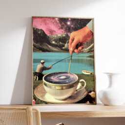Surreal Coffee Universe Poster, Cosmic Collage Wall Art, Dreamy Galaxy Teacup Print, Retro Surrealist Home Decor - thumbnail 2